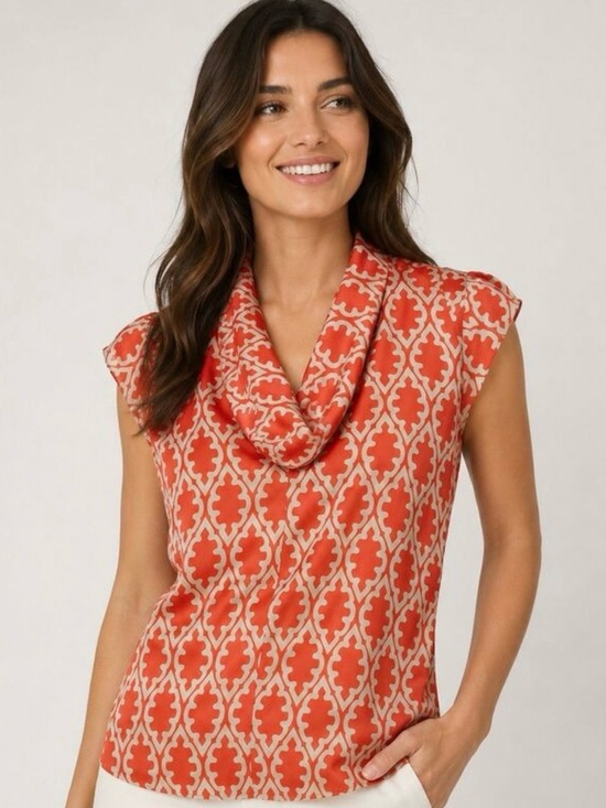 Banana Republic Tops - Banana Republic Cowl Neck Blouse | Orange & Tan Geometric Print | Size M